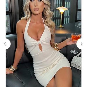 Halter Knot Front Mini Dress in Cream